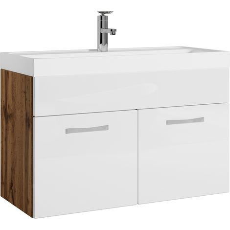 Badezimmer Badmöbel-Set Paso 01 80cm Waschbecken Eiche mit Hochg