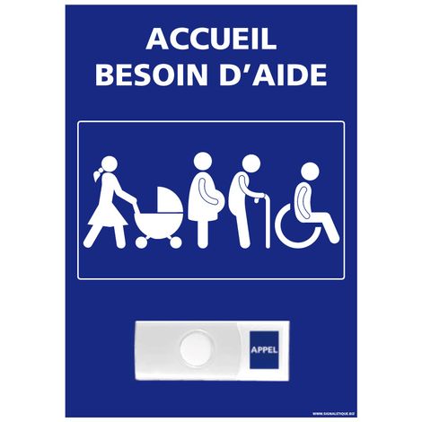 Signaletique.Biz France – Panneau d'accueil besoin d'aide avec sonnette intégrée – PVC 1,5 mm – Dimensions 150 x 210 mm – Résistant aux intempéries et UV (1/5)