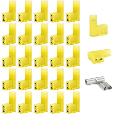 Lot de 20 Cosses Femelles Isolées en Nylon à 90 Degrés, Connecteurs Electriques à Sertir de Type F, Cosses Femelles Entièrement Isolées, Jaune, Calibre 12-10 AWG