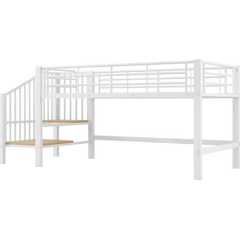 Lit mezzanine mi-hauteur 90 x 200 cm avec escalier de rangement, blanc (1/5)