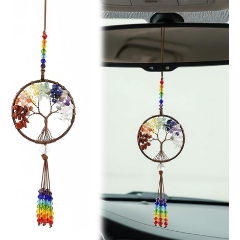 Arbre de Vie Pendentif, Suspension pour Rétroviseur Intérieur, Accessoire Voiture Interieur Decoration, Pierres 7 Chakras, Cristaux, Reiki, Méditation (1/5)