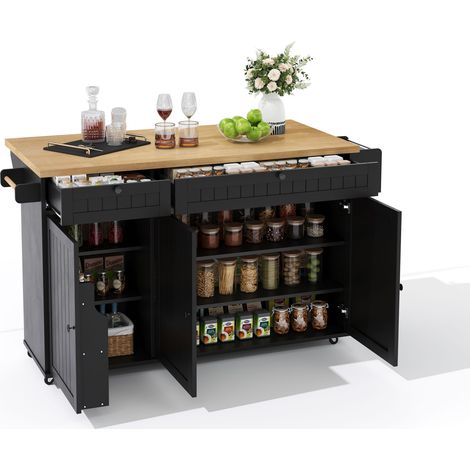 Küchenwagen mit 2 Schubladen, 1 Schrank, Ablagen und Handtuchhalter, auf Rollen, aus MDF, 137 x 45 x 89,5 cm (1/5)