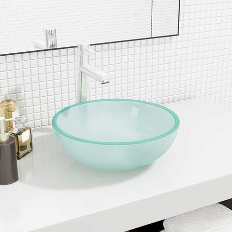 Lavabo en verre trempé rond 35 cm – Vasque à poser design dépoli pour salle de bain – Hauteur 12 cm, épaisseur 12 mm, sans robinet (1/5)