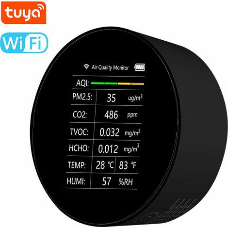 Tuya WiFi Détecteur de qualité de l'air multifonctionnel 7 en 1 PM2,5 TVOC CO2 HCHO Température Humidité AQI Détecteur Bureau à domicile Bureau Voiture Moniteur de qualité de l'air intérieur (Noir)
