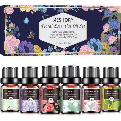 Kit Huiles Essentielles Florales Aromathérapie 6x10ML, Huiles Essentielles Florales 100% Naturelle pour Diffuseurs, Apaiser - Fleurs de Cerisier, Thé Blanc, Jasmin, Lavande, Rose, Ylang Ylang (1/5)