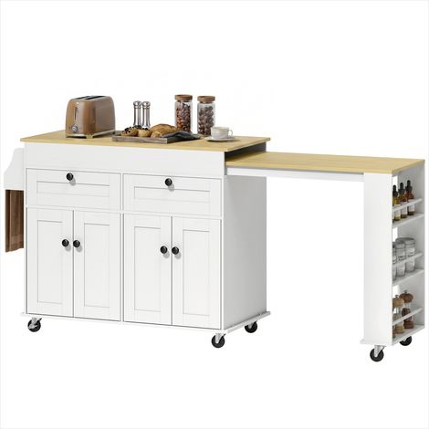 Îlot central de cuisine blanc extensible avec tiroirs et portes, panneau de particules et MDF (1/5)