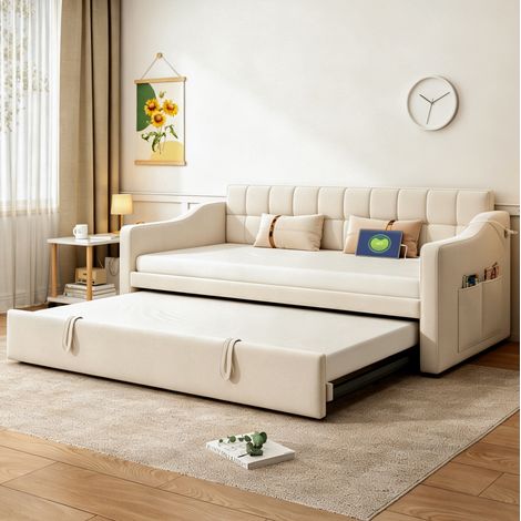 Divano letto 207x99x80 cm in velluto beige estensibile per piccoli spazi – MEUBLIV (1/5)