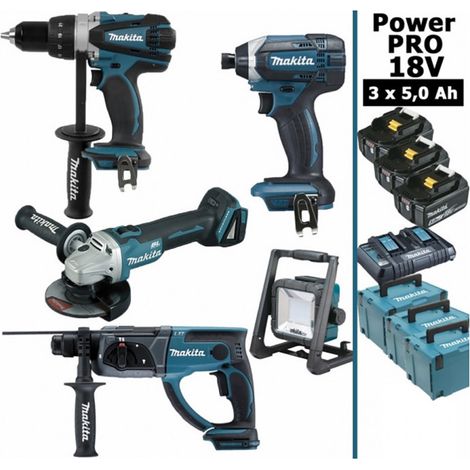 Pack Makita Power PRO 18V: Perceuse 91Nm DDF458 + Meuleuse 125mm DGA504 + Perforateur 2J DHR202 + Visseuse à chocs 165Nm DTD152 (1/10)