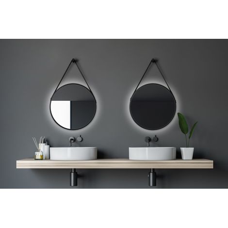 Talos Black Light Badspiegel - Dekospiegel - rund, 50 cm - Badezimmerspiegel - hinterleuchtete mit LED Beleuchtung in neutralweiß- matt schwarz - Aufhängeband in Lederoptik (1/5)