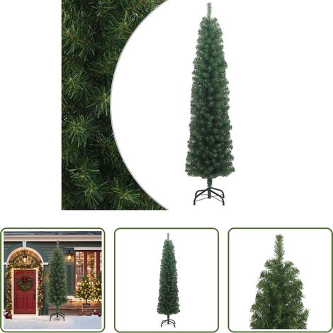 vidaXL Décorations de Noël - Sapin de Noël artificiel mince avec support vert 210 cm PVC (1/5)