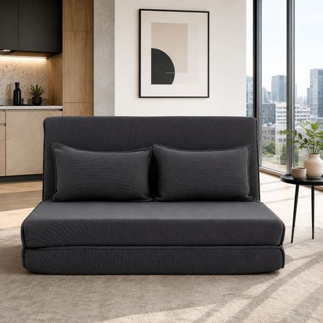 Sofá cama de suelo 135 x 208 cm, respaldo ajustable, pana acanalada, gris oscuro DESVIAE (1/5)
