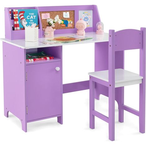 COSTWAY Scrivania per Bambini con Sedia, Set Tavolo e Sedia con Lavagna, Pennarello, Armadietto e Bacheca, Postazione Computer per Studenti e Tavolo da Scrittura per 3+ Anni (Viola) (1/5)