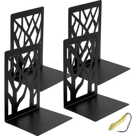 4-teiliges Set aus robustem Metall-Bücherregal, Buchstütze und origineller Buchstütze für Büro, Zuhause, Schule und Bibliothek (Schwarz) (1/5)