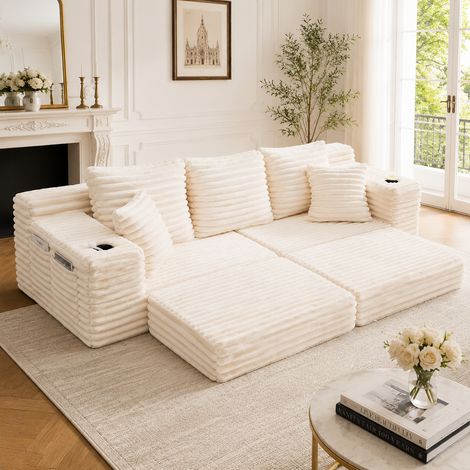 Cordstoff-Kompressionssofa mit hoher Rückenlehne und Zusatzkissen, beidseitigen Taschen und Getränkehaltern, frei kombinierbar als Schlafsofa, weiche Polsterung für maximalen Komfort, Beige (1/5)