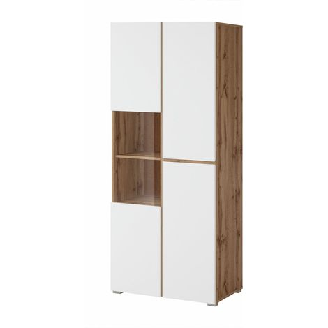Estantería Alfere 110, Roble wotan + Blanco, Cerrable, Con puertas, Vidrio, Aglomerado laminado, Número de puertas: 0, Número de cajones: 0, 183x79x40cm