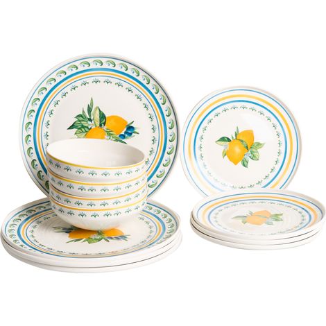 Vajilla de 12 piezas de porcelana acabado esmaltado con motivo de cítricos y limones para 4 personas comedor cocina blanco y verde Tarragon