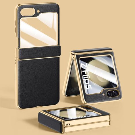 pour Samsung Galaxy Z Flip 5 Étui en Cuir Uni avec Charnière en Verre Trempé Accessoires de Couverture Rigide Antichoc Pliant Tout Compris, Noir, pour Galaxy Z Flip 5 (1/5)