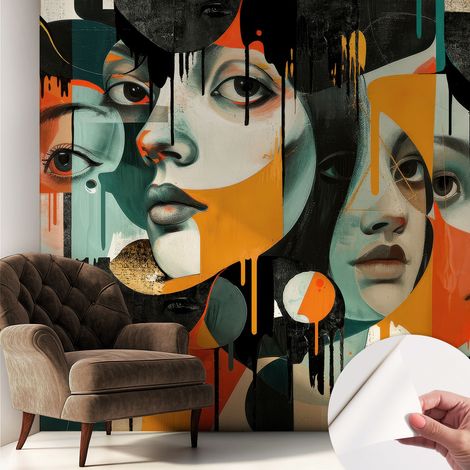 Papier peint adhésif décoratif avec colle pour salon chambre à coucher et bureau Design moderne et facile à poser Visages colorés 250x250 cm (1/5)