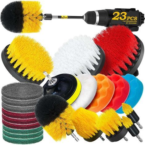 23-teiliges Bohrmaschinen-Zubehörset inklusive Bürsten, Scheuerpads und Schwämmen, Polierpads und einer elektrischen Scheuerbürste mit Verlängerungskabel. (1/5)