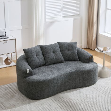 Sofá de 2 plazas curvo en chenilla gris, asiento profundo, cojines mullidos, 164 x 92 x 60 cm (1/5)