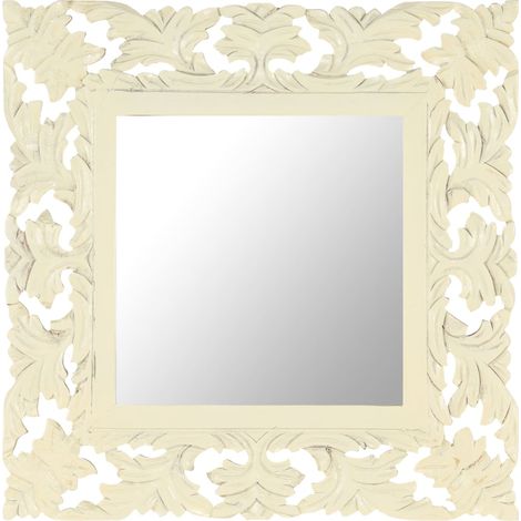 Miroir sculpté à la main Style baroque - Miroir décor Blanc 50x50 cm Bois de manguier massif BV930726 - BonneVie (1/5)