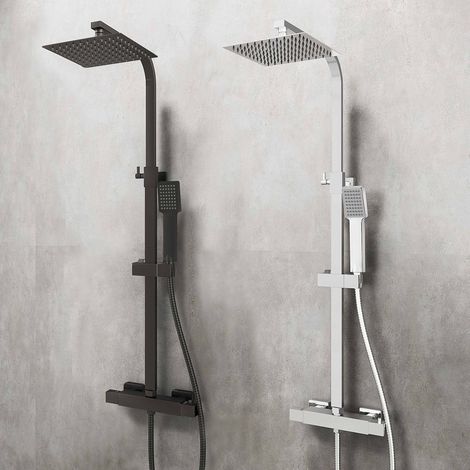 AICA Bathroom Thermostatic Rainfall Exposed Shower Mixer Valve Twin Head Square Set Black (1/5)