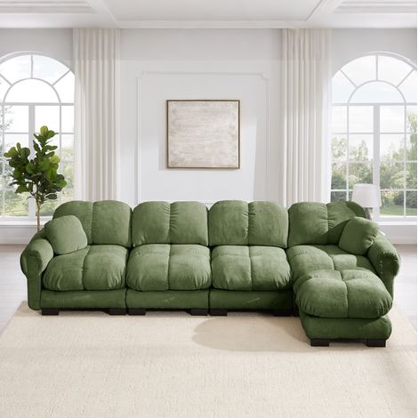 CHICFURN Divano modulare a U 330x149x90 cm in ciniglia verde, 4 posti, 2 pouf (1/5)