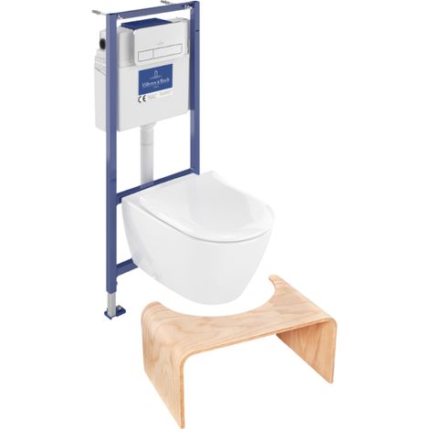 Pack inodoro VILLEROY ET BOCH Subway 2.0 sin reborde con asiento de cierre suave + estructura Viconnect PRO + placa blanca + taburete de madera