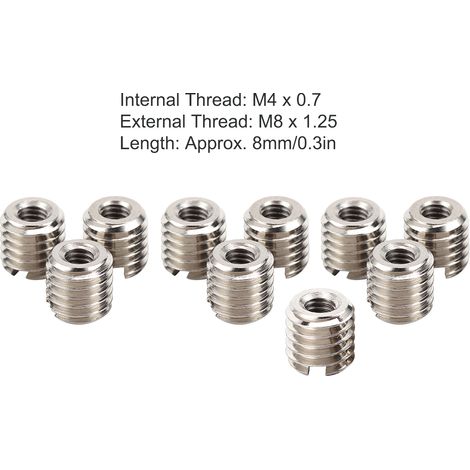 Kit de 10 inserts filetés en acier inoxydable 303, réduction M4x0.7 femelle vers M8x1.25 mâle, longueur 0.3 pouce (1/5)