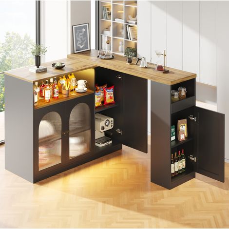 Bartisch aus MDF in Schwarz mit Holzoptik, 360° drehbar, LED und Glastür, 108 x 39,6 x 97 cm, ausziehbar auf 197 cm (1/5)