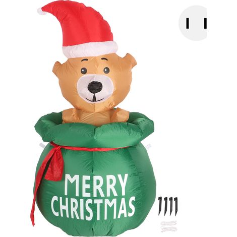 Sapin de Noël gonflable 1,5m Ourson lumineux LED avec sac cadeau, décoration extérieure pour jardin, ours soufflé décoratif, prise US 100-240V (1/5)