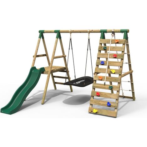 Rebo Wooden Swing Set with Deck and Slide plus Up and Over Climbing Wall - Onyx Green
