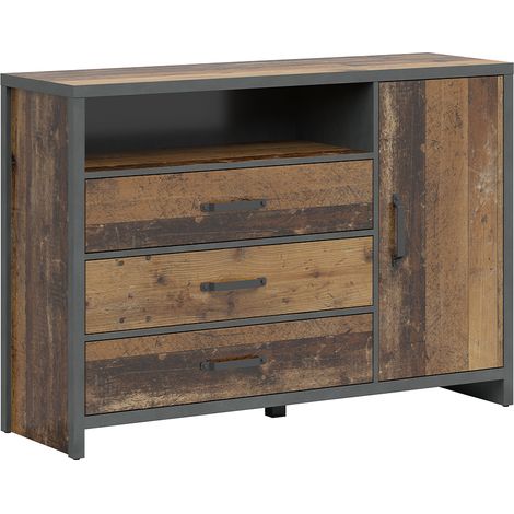 Buffet Paul mit 3 Schubladen und 1 Tür, Holzoptik und Grau, 131cm
