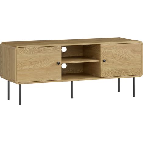 Meuble télé 55 pouces avec rangement, 2 portes et 2 niches ouvertes, pieds acier, 120x40x50cm, chêne (1/5)