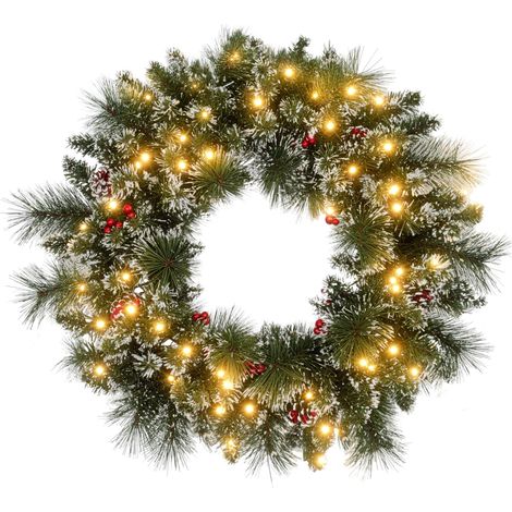 Couronne de Noël porte artificielle 60 CM avec pommes de pin et grappes de baies, lumières LED et minuterie vert (1/5)