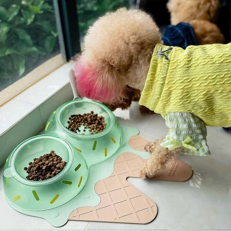 Gamelles doubles pour chat (eau et nourriture) avec tapis antidérapant en PVC et cuillère en silicone. Modèle incliné et surélevé de 15 cm, idéal pour les chats d'intérieur. (1/5)