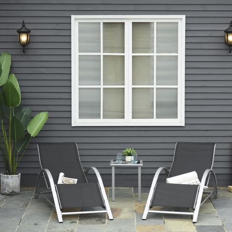 Ensemble 2 transats jardin table basse en verre transat tissu respirant - Dimensions: 59x169x66cm - Couleur: Noir, Gris