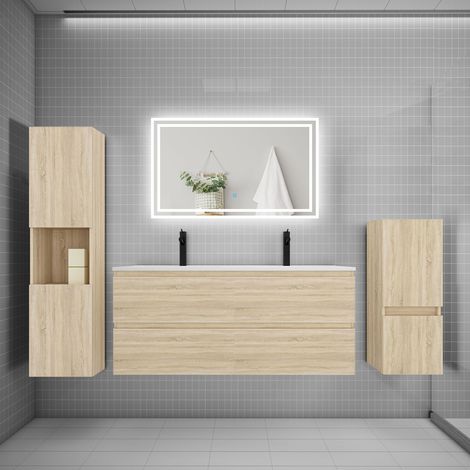 Ensemble meuble de salle de bain 120cm, double vasque + colonne + LED miroir,chêne (1/5)
