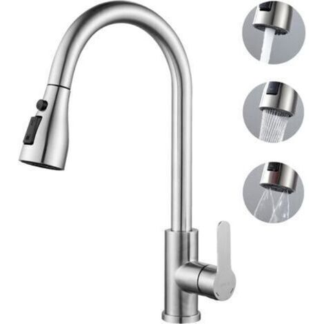 Robinet extractible en acier inoxydable, 3 modes de pulvérisation, mitigeur de cuisine pivotant à 360°, robinet de cuisine avec pulvérisateur (1/5)