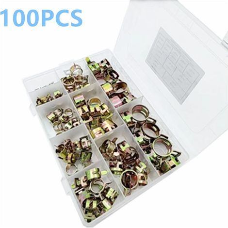 100 Pièces Clip à Ressort pour Collier de Serrage de Durite d'Essence - de Serre-joints à Tuyaux avec Boîte de Rangement (6-22 mm, Taille 10) (1/5)
