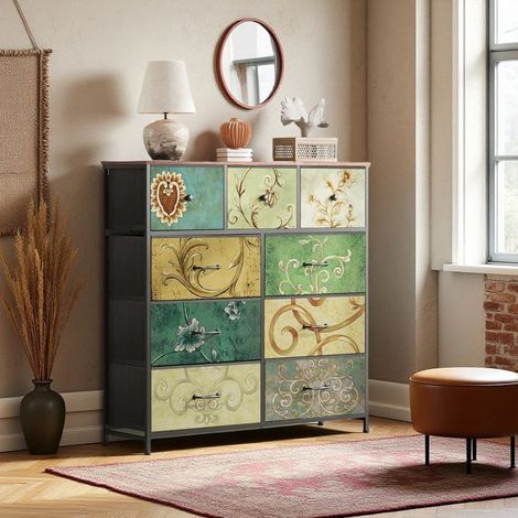 Schlafzimmerkommode, 9 Schubladen, Retro-Muster, verstellbare Füße, retro künstlerischer Stil, 100 x 30 x 100 cm, mehrfarbig (1/5)