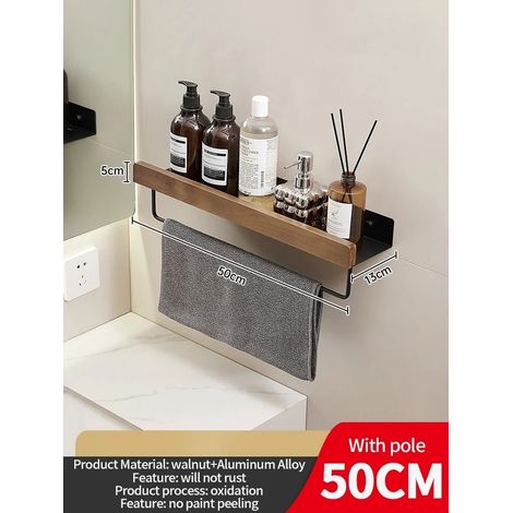Étagère d'angle en bois et aluminium (poteau noir de 50 cm) pour salle de bain, rangement pour shampoing, étagère murale de douche. (1/5)