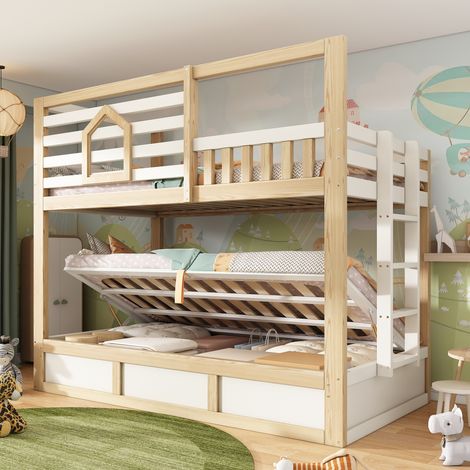 Lit superposé cabane enfant 90x200 cm blanc/naturel avec fenêtre, échelle droite, barrières, coffre hydraulique, sans matelas