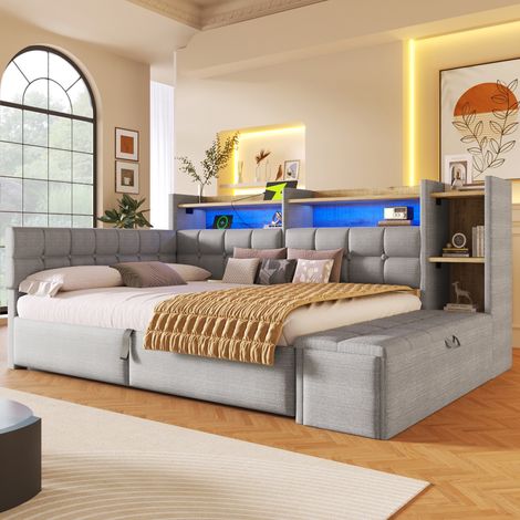 Lit banquette 140 x 200 cm avec LED et Rangement hydraulique canapé-lit avec ports USB et Type-C et étagères velours Gris (1/5)