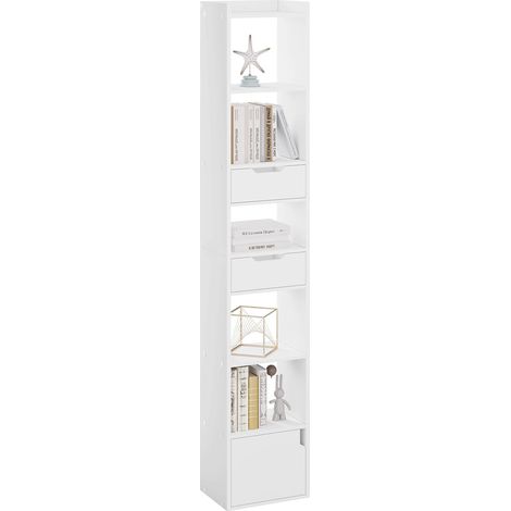 Woltu – Bibliothèque étagère en bois composite 33x24x181 cm – 6 compartiments ouverts – 2 tiroirs – Blanc – Pour rangement salon, chambre, bureau (1/5)