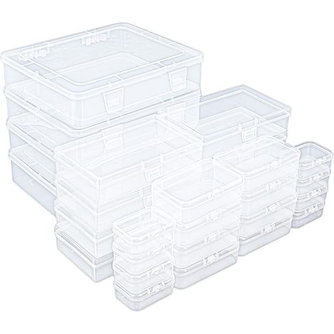 Lot de 28 mini boîtes de rangement rectangulaires vides en plastique transparent avec couvercles à charnière pour petits articles et autres projets d'artisanat (1/5)