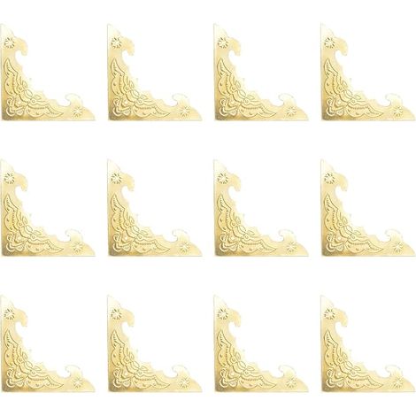 Lot de 12 équerres de coin plates décoratives en métal à motif floral vintage pour porte d'armoire, boîte en bois, doré