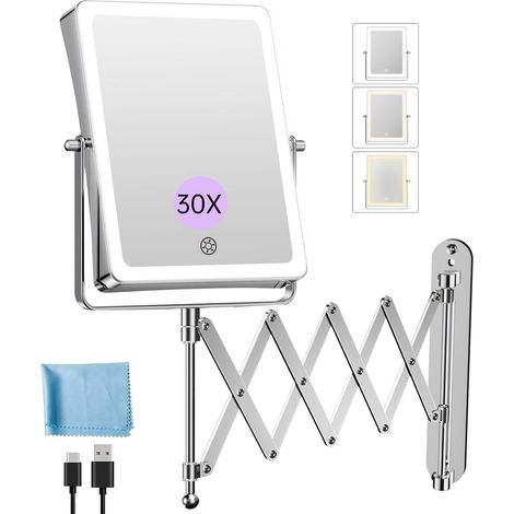 5000mAh Miroir Maquillage Lumineux Rechargeable, 8,7" Double Usage 1X/30X Grossissement, Miroir Grossissant Mural, 3 Températures de Lumière, Réglable en Luminosité, Pivotant 360° (Chrome) (1/5)