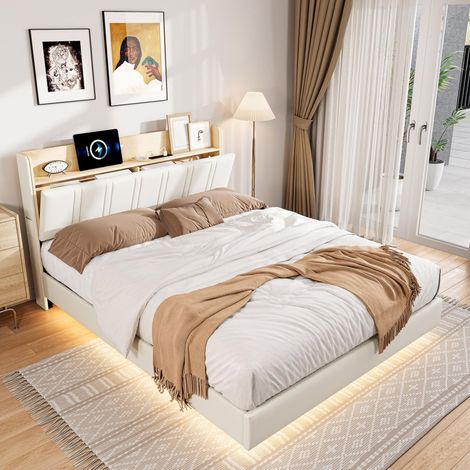 Cama doble de 140x200cm – Cama para adultos – Iluminación LED – Cabecero con almacenamiento – Puerto USB – Somier de láminas – Diseño moderno