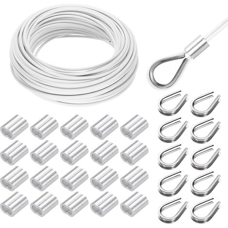 Cable Kit Stainless Steel 98FT Cable 1/8" Vinyl Sheathed White  7x7 Strands, with Loop Sleeves and Lug, for Outdoor Patio Fence, Hanging Light (1/5)